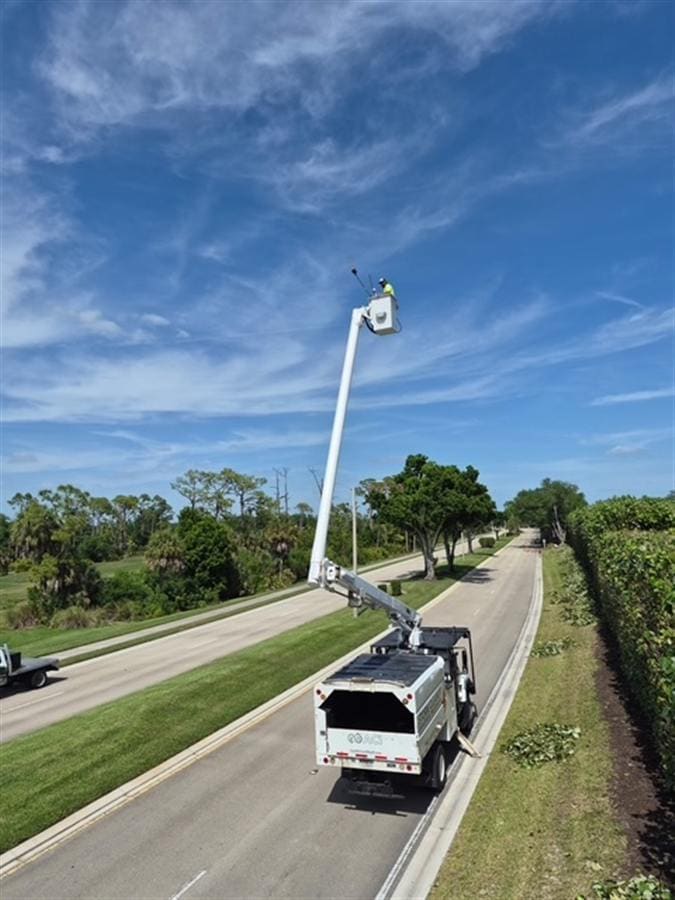 A bucket truck fully extended over a hedge-lined community roadway, crew member working at height.